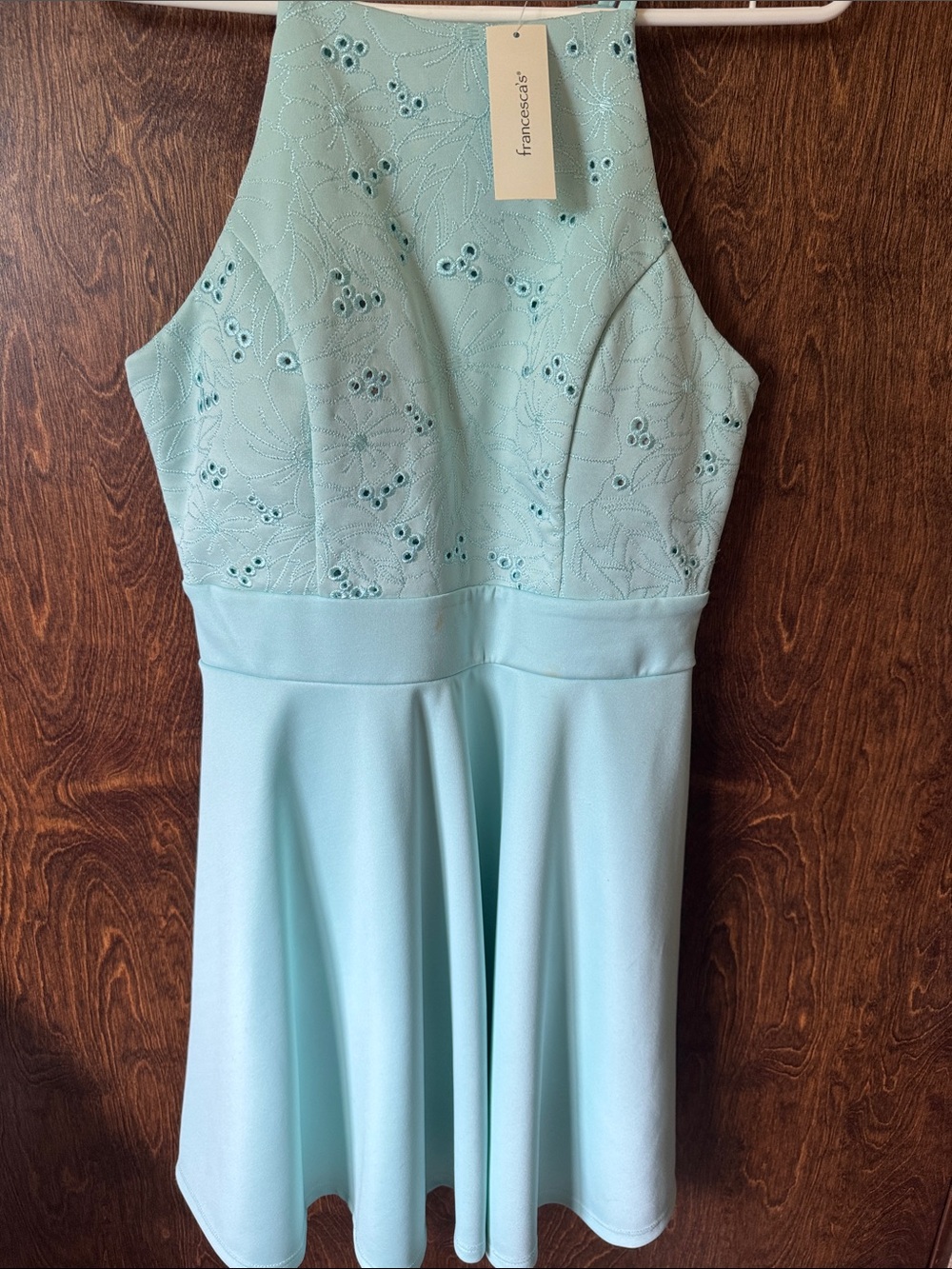 Francesca's Collections Mint Blue Embroidered Halter Dress
